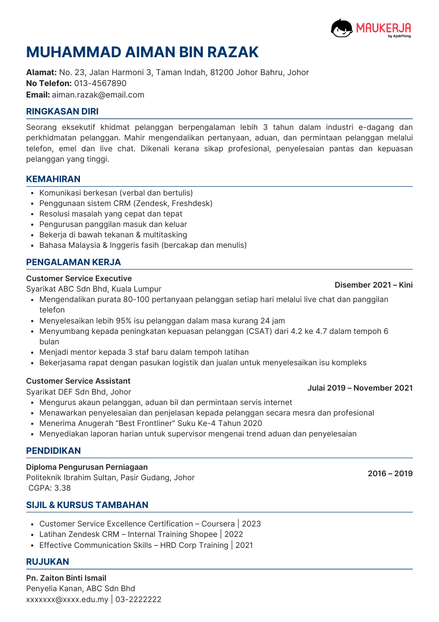 Contoh Resume Kerja Customer Service Dengan Pengalaman